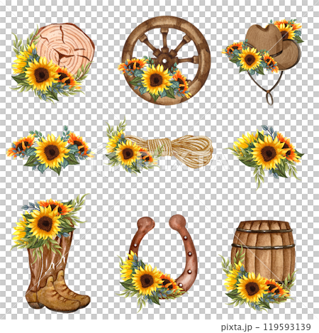 Wheel ,barrel with sunflowers and cowboy boots. Watercolor hand painted rodeo theme design. Countryside living at Texas themed illustration. Leather ranch boots Wheel ,barrel with sunflowers and cowboy boots. Watercolor hand painted rodeo theme design. Countryside living at Texas themed illustration. Leather ranch boots 119593139
