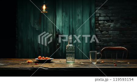 On the table an empty glass bottle stands alone, capturing a moment of stillness. The clear glass bottle's solitary presence highlights the emptiness and minimalism of the scene. 119593154