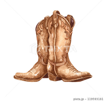 Watercolor cowboy boots. Hand painted rodeo theme design. Countryside living at Texas themed illustration. Leather ranch boots. 119593181