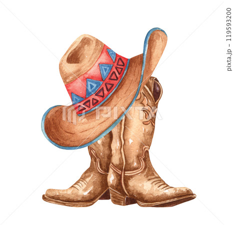 Watercolor cowboy boots with a hat. Hand painted rodeo theme design. Countryside western themed illustration. 119593200