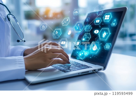 Doctor using laptop computer with health care icons. 119593499