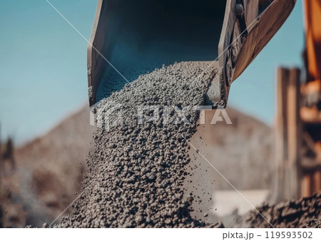 Pouring fresh concrete from a concrete mixer at a construction site. 119593502