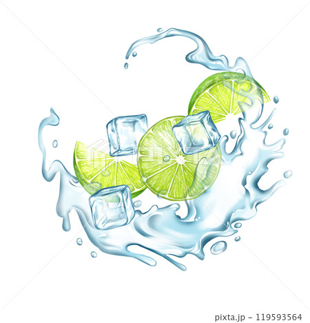 Lime with ice water splash and ice cubes. Fruit illustration on white background 119593564