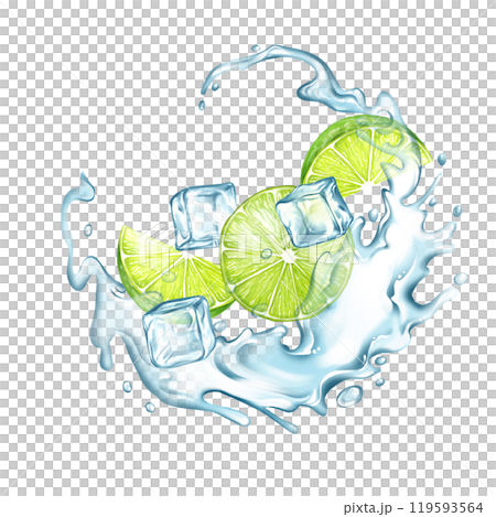 Lime with ice water splash and ice cubes. Fruit illustration on white background 119593564