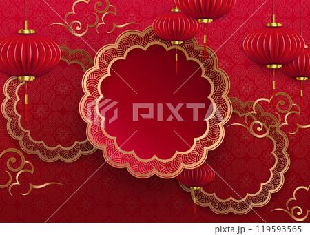 Great textured postcard in red with a round frame and red lanterns 119593565