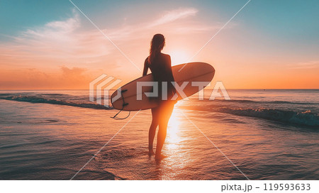 オレンジの海に浮かぶサーファー 119593633