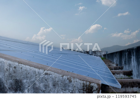 Photovoltaic panel, new technology to store and use the power from the nature with human life, sustainable energy and environmental friend concept. Photovoltaic panel, new technology to store and use the power from the nature with human life, sustainable energy and environmental friend concept. 119593745