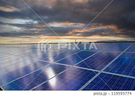 Photovoltaic panel, new technology to store and use the power from the nature with human life, sustainable energy and environmental friend concept. 119593774