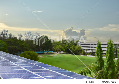 Photovoltaic panel, new technology to store and use the power from the nature with human life, sustainable energy and environmental friend concept. 119593785