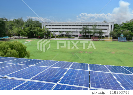Photovoltaic panel, new technology to store and use the power from the nature with human life, sustainable energy and environmental friend concept. 119593795