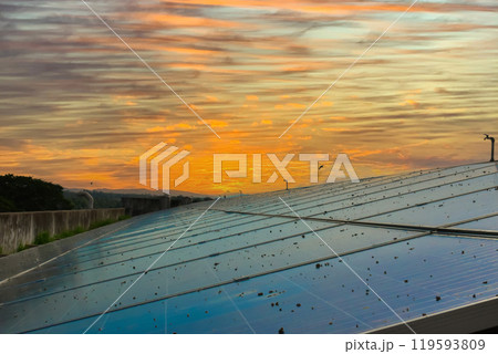 Photovoltaic panel, new technology to store and use the power from the nature with human life, sustainable energy and environmental friend concept. 119593809
