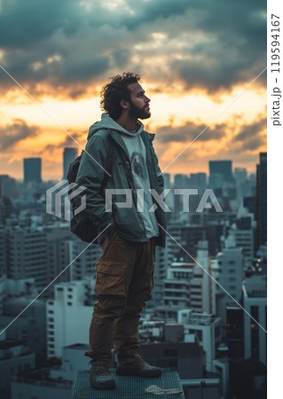 A person gazes at the sunset from a rooftop in...のイラスト素材 [119594167 ...