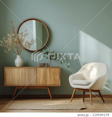 Elegant modern living room decor featuring a stylish chair and natural plant arrangement 119594170