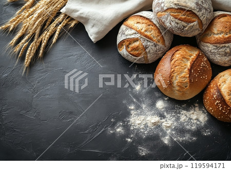 A variety of freshly baked artisan breads arranged with wheat stalks on a wooden table 119594171