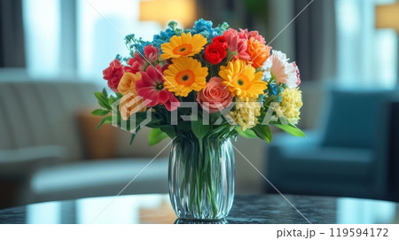 Bright and colorful flower arrangement on a table in a cozy living space during daylight 119594172