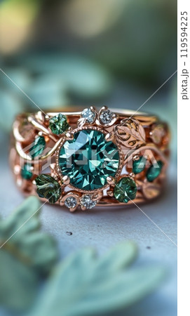 Elegant vintage ring with teal gemstone and intricate design among green foliage 119594225