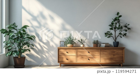 Natural light fills a minimalist interior with wooden bench and potted plants during daytime 119594271