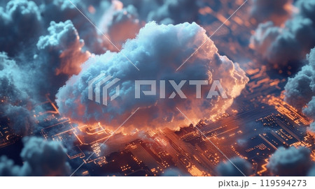 A digital cloud floating over a cityscape of circuit boards and technology at nighttime 119594273
