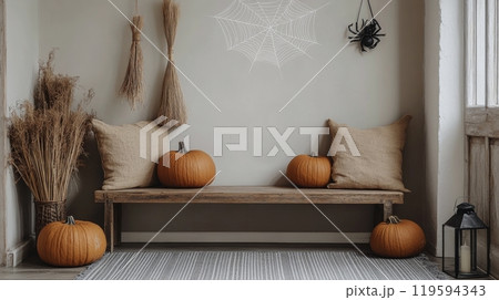 Cozy autumn corner with pumpkins, spider decorations, and warm sunlight in a rustic home setting 119594343