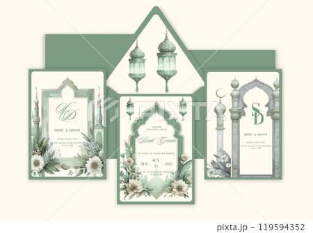Ramadan Kareem. Eid Mubarak. Watercolor aesthetic template for wedding invitation in Arabic style. Ramadan Kareem. Eid Mubarak. Watercolor aesthetic template for wedding invitation in Arabic style. 119594352