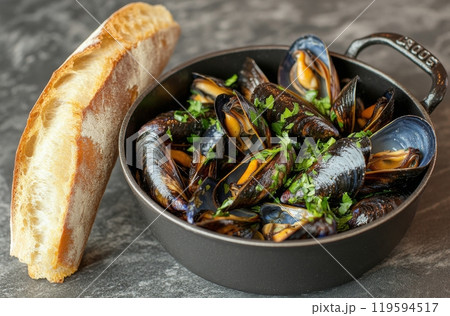 Fresh seafood dish featuring clams and herbs served with bread and lemon on a dark plate 119594517