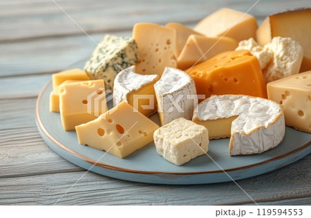 A variety of artisanal cheeses arranged on a wooden platter on a rustic table background 119594553