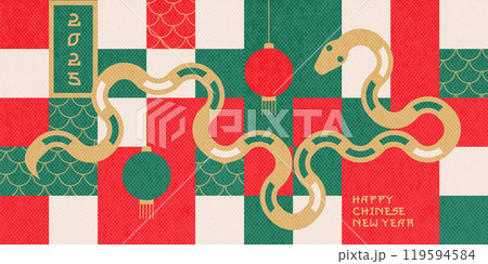 Chinese New Year 2025 modern art design in red, gold, green and white colors for cover, card, poster, banner. Chinese zodiac Snake symbol with lanterns. Vector illustration in tile style. Chinese New Year 2025 modern art design in red, gold, green and white colors for cover, card, poster, banner. Chinese zodiac Snake symbol with lanterns. Vector illustration in tile style. 119594584