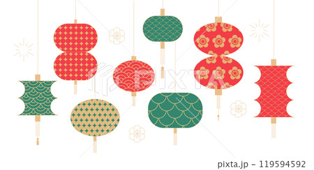 Set of Chinese Lanterns. Chinese New Year, Mid Autumn Festival elements collection for banner and greeting card. Flat minimalist geometric design. Vector illustration 119594592