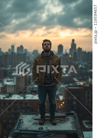 A person gazes at the sunset from a rooftop in...のイラスト素材 [119594657 ...