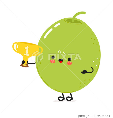 Cute cartoon Green Olive character holding a trophy. Vector hand drawn cartoon kawaii character illustration icon. Isolated on white background. Green Olive with winner trophy cup Cute cartoon Green Olive character holding a trophy. Vector hand drawn cartoon kawaii character illustration icon. Isolated on white background. Green Olive with winner trophy cup 119594824