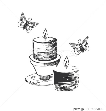 Candles on candlesticks and night butterflies flying around the flame. All objects are hand-drawn with ink and transferred to vector. Halloween illustration. Suitable for printing on postcards. 119595005