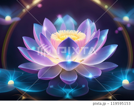 a digital artwork of a glowing lotus flower: 119595153