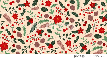 Botanical Christmas seamless pattern with fir branches, holly, flowers and berries 119595172
