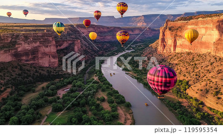 渓谷を飛行する色鮮やかな熱気球 渓谷を飛行する色鮮やかな熱気球 119595354