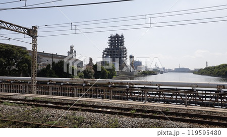 扇橋（川崎市）の歩道から見た昭和電工のプラントとJR鶴見線の線路 119595480