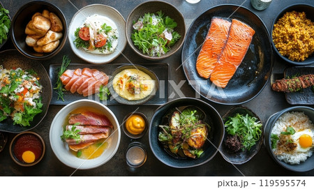 Fresh ingredients arranged on a rustic table for preparing a vibrant salad on a sunny day 119595574