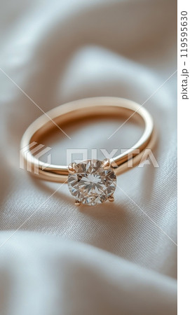 Elegant gold ring with a sparkling diamond placed on soft fabric Elegant gold ring with a sparkling diamond placed on soft fabric 119595630