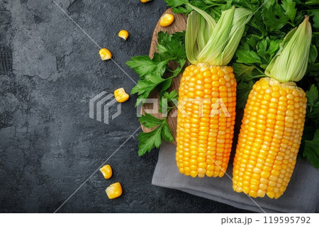 Fresh corn on a wooden board with green leaves arranged for preparation in a kitchen setting Fresh corn on a wooden board with green leaves arranged for preparation in a kitchen setting 119595792