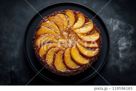 Delicious peach upside down cake on a black plate with glossy caramel glaze in bright lighting 119596165