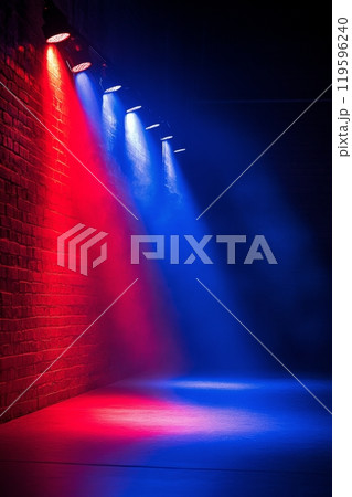 A mysterious hallway illuminated by blue and red lights in an urban setting at night 119596240