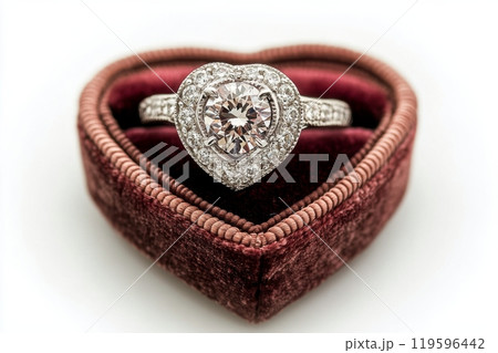 A sparkling heart shaped diamond ring in an elegant velvet box meant for special occasions A sparkling heart shaped diamond ring in an elegant velvet box meant for special occasions 119596442