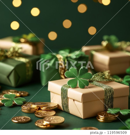 Decorative gift boxes with shamrocks and gold coins for a festive celebration in a cozy setting 119596509
