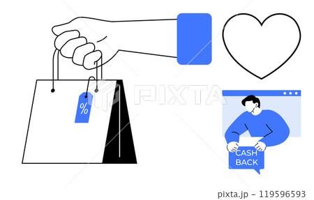 Hand holding shopping bag with discount tag, cashier with cash back banner in browser window and heart shape. Ideal for e-commerce, discounts, promotions, online shopping, and customer satisfaction 119596593