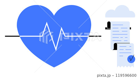 Blue heart with an ECG line extends to a cloud containing documents and a checkmark. Ideal for representing health monitoring, medical records, digital health, data management, and health technology 119596600