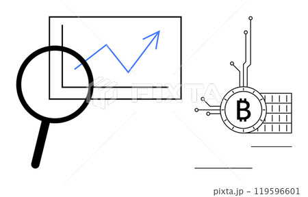 Magnifying glass over a chart with an upward trend and Bitcoin symbol connected to circuitry. Ideal for business, finance, technology, cryptocurrency, investment, and market analysis 119596601