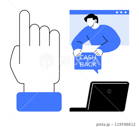 A large hand clicking, a person holding a cash back sign, and a laptop. Ideal for marketing, promotions, online shopping, cashback programs, and digital transactions. Simple vector style 119596612