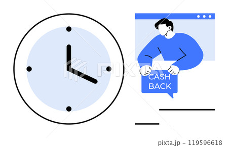 Large clock on left side with light blue background. Man holding cashback sign inside a webpage frame on right. Ideal for time management, e-commerce, promotion, finance, and sales marketing Large clock on left side with light blue background. Man holding cashback sign inside a webpage frame on right. Ideal for time management, e-commerce, promotion, finance, and sales marketing 119596618