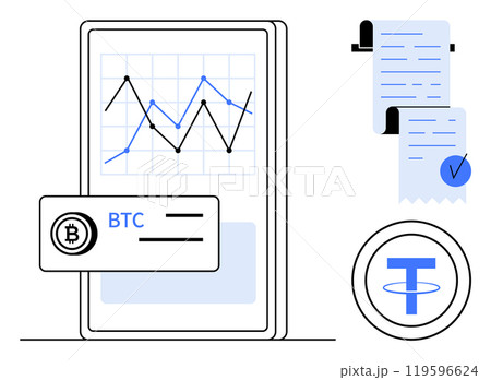 Mobile device displaying cryptocurrency chart with Bitcoin symbol BTC and usd symbol T. Receipt with checkmark. Ideal for cryptocurrency trading digital finance mobile apps blockchain technology Mobile device displaying cryptocurrency chart with Bitcoin symbol BTC and usd symbol T. Receipt with checkmark. Ideal for cryptocurrency trading digital finance mobile apps blockchain technology 119596624