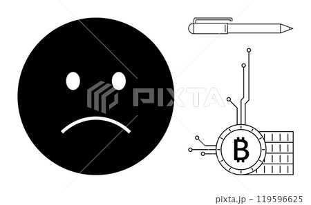 Sad face accompanied by pen and Bitcoin symbol with digital connections in black and white. Ideal for emotions, finance, cryptocurrency, technology, and digital themes. Simple line art style Sad face accompanied by pen and Bitcoin symbol with digital connections in black and white. Ideal for emotions, finance, cryptocurrency, technology, and digital themes. Simple line art style 119596625