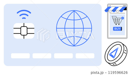 Large chip card with wireless, globe icon, smartphone with store app, and cryptocurrency coin. Ideal for digital transactions, online shopping, e-commerce, financial technology, digital currency Large chip card with wireless, globe icon, smartphone with store app, and cryptocurrency coin. Ideal for digital transactions, online shopping, e-commerce, financial technology, digital currency 119596626